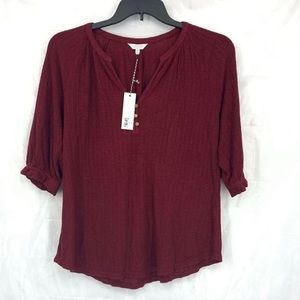 Lucky Brand medium red top elbow sleeve linen viscose F